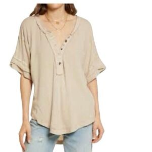 Free People We The Heritage Henley Tee Shirt Top Oak Tan Beige Linen Blend XL